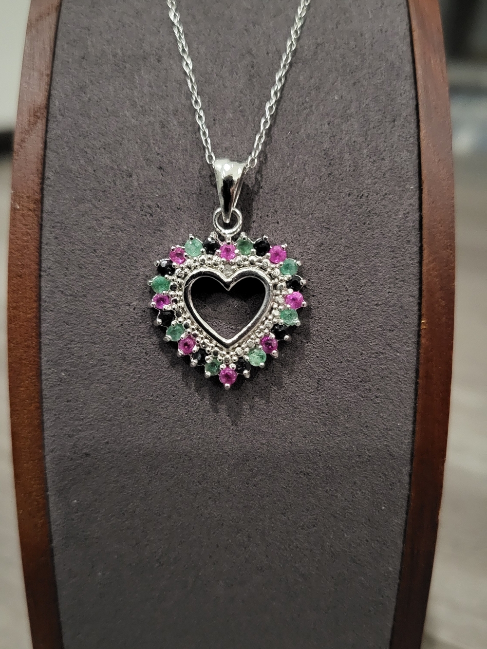 Sterling Silver Heart Pendant 18 Inch Necklace with Ruby, Emerald and Sapphire